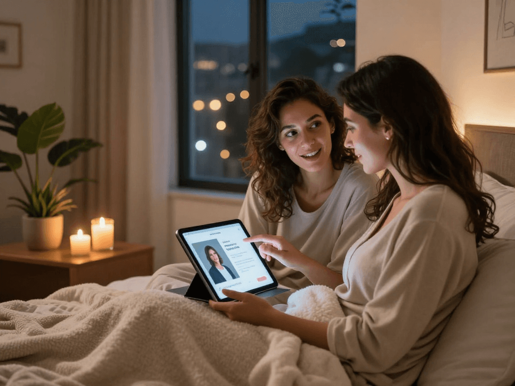 Couple using an AI app for enhanced intimacy and relationships in a cozy bedroom.