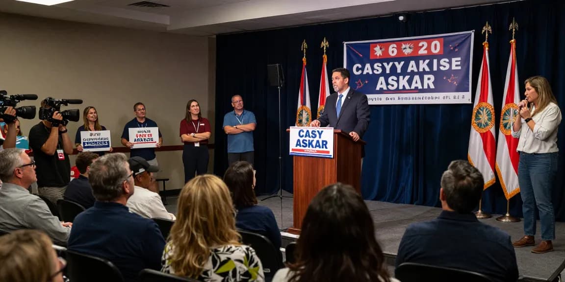 Casey Askar debating in community center about transparency and past controversies in FL-22.