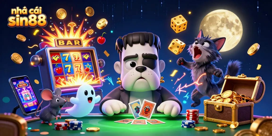 Engage with a thrilling game scene at nhà cái sin88, featuring a Frankenstein bulldog dealer amid rich casino elements.
