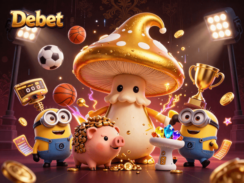 Experience Debet's thrilling gaming atmosphere with a golden mushroom wizard, dynamic sports elements, and vibrant casino excitement.