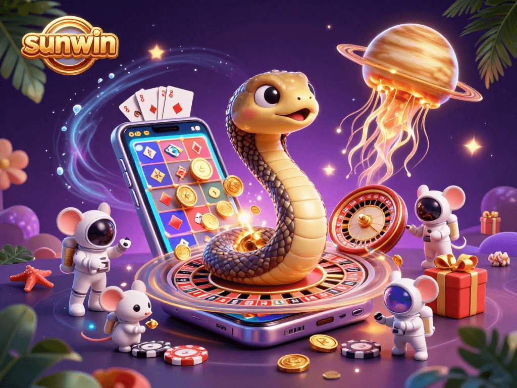 Experience thrilling cosmic betting with sunwin in a colorful 3D gambling scene featuring vibrant characters.