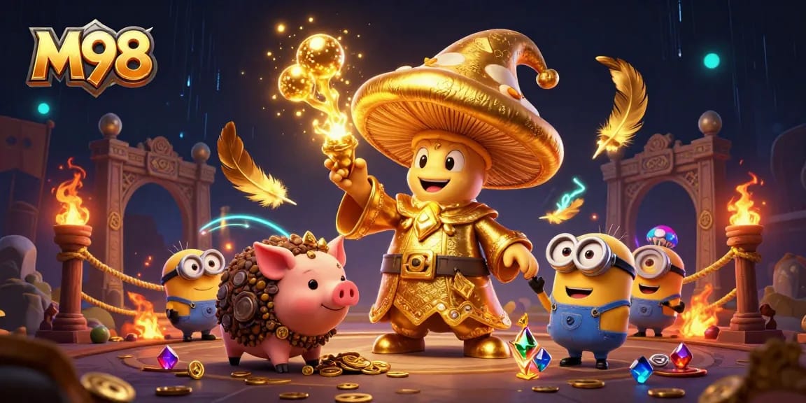 Experience M98's dazzling treasure with magical creatures and vibrant casino elements in a vibrant 3D scene.