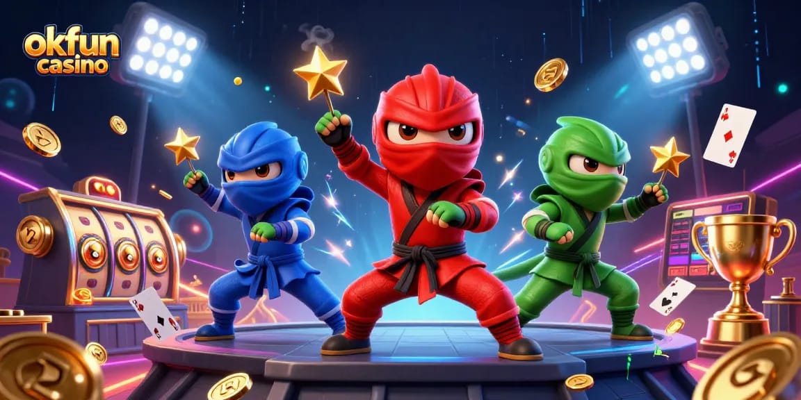 Engage with the vibrant action at okfun casino featuring ninja chameleons amidst flying casino elements.