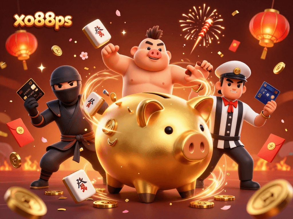 Win big with xo88ps as a golden piggy bank offers thrilling casino action surrounded by vibrant gaming symbols.