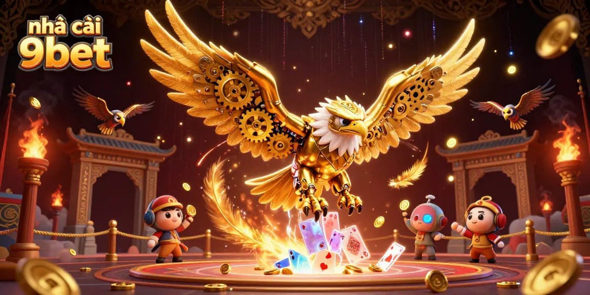 Experience thrilling action at nhà cái 9bet with golden eagle diving through holographic playing cards.