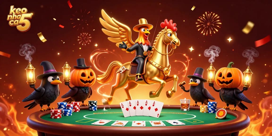 Experience excitement at keo nha cai 5 with a golden rooster and vibrant casino atmosphere.
