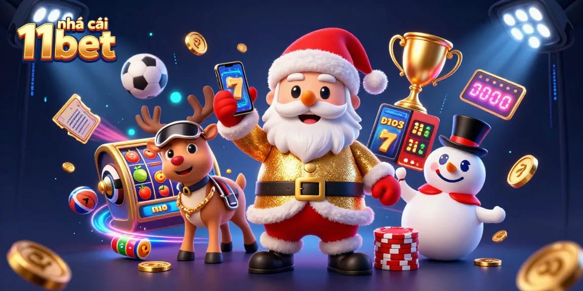 Experience the excitement at nhà cái 11bet with Santa Claus and friends celebrating casino wins!