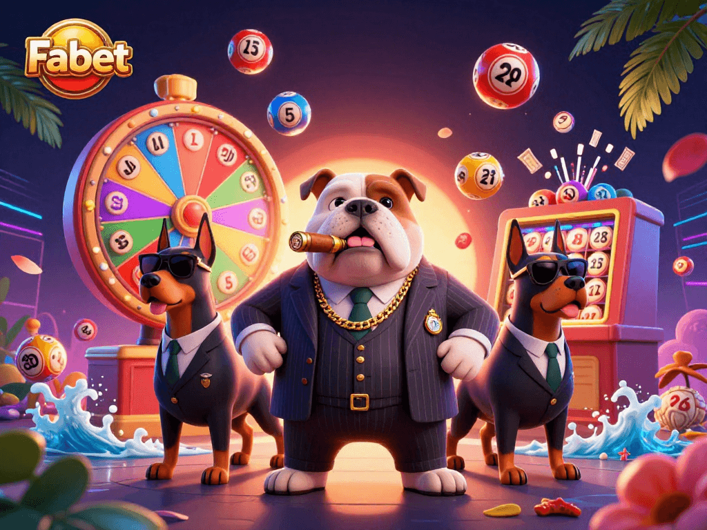 Experience thrilling games through Fabet with a cartoon mafia bulldog in a winning scene filled with vibrant lottery elements.