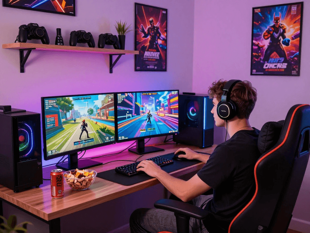 Player enjoying interactive porngames in a vibrant gaming setup