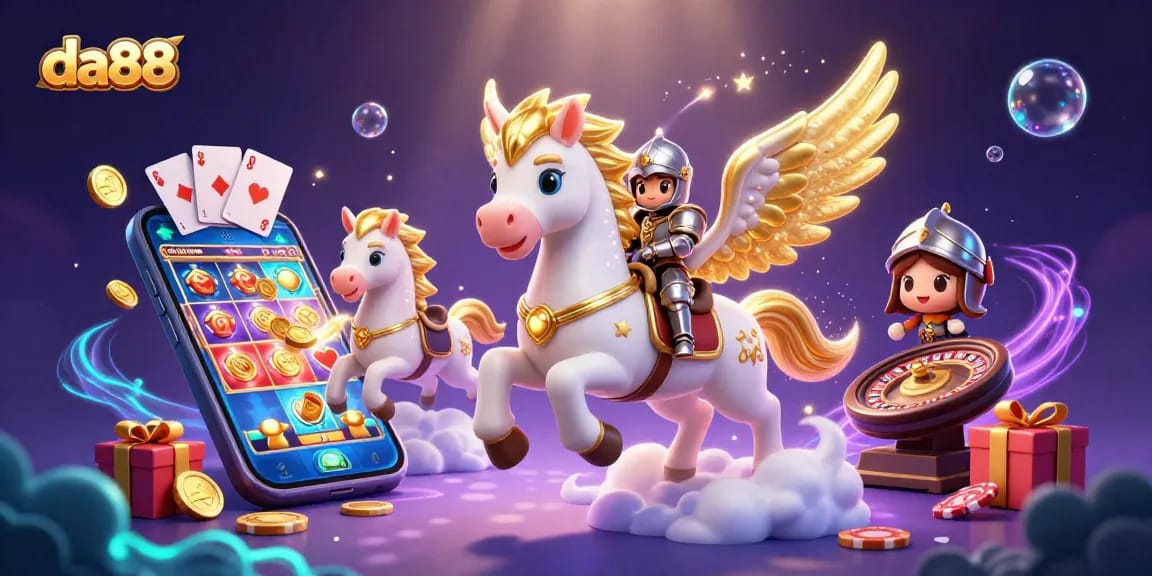 da88 offers vibrant slot games with a celestial theme featuring a winged horse and joyful knight.