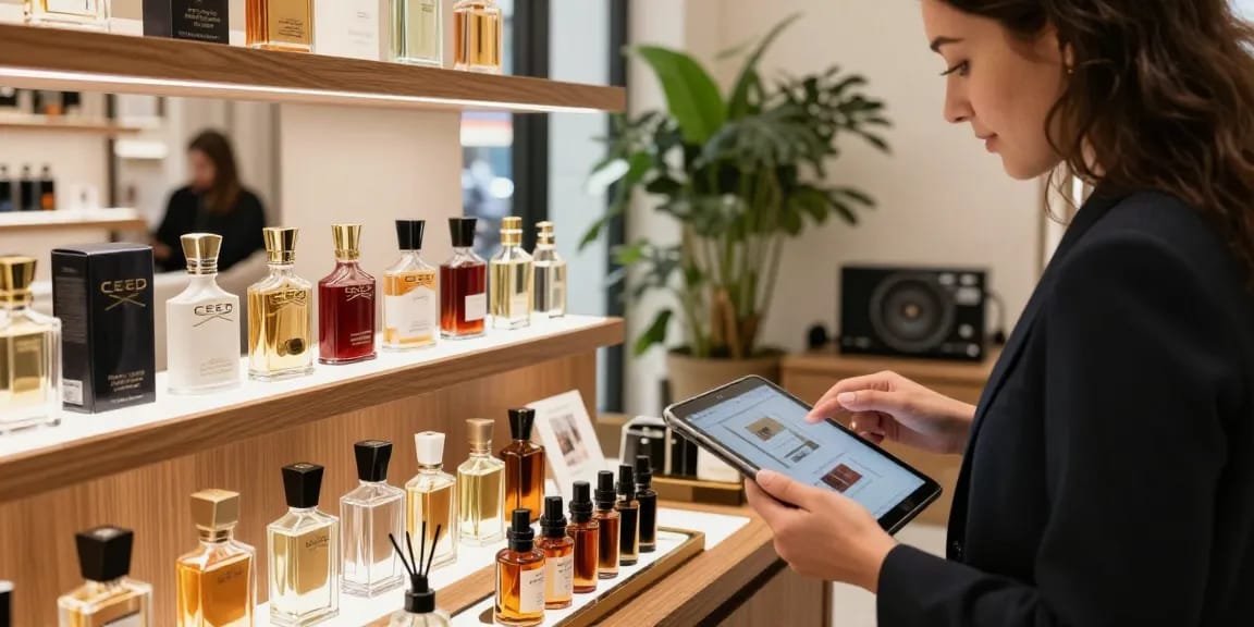 Discover luxurious long-lasting perfumes in a stylish boutique atmosphere, showcasing fragrance bottles and personalized service.