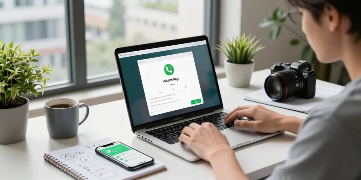 Explore WhatsApp下載 in a modern tech workspace with a laptop and smartphone notifications.