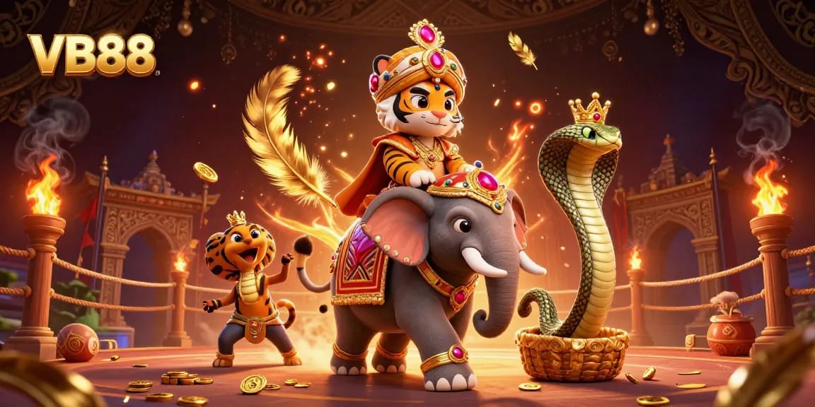 Experience thrilling gameplay at VB88 with a captivating scene featuring a tiger, elephant, and cobra amid casino elements.