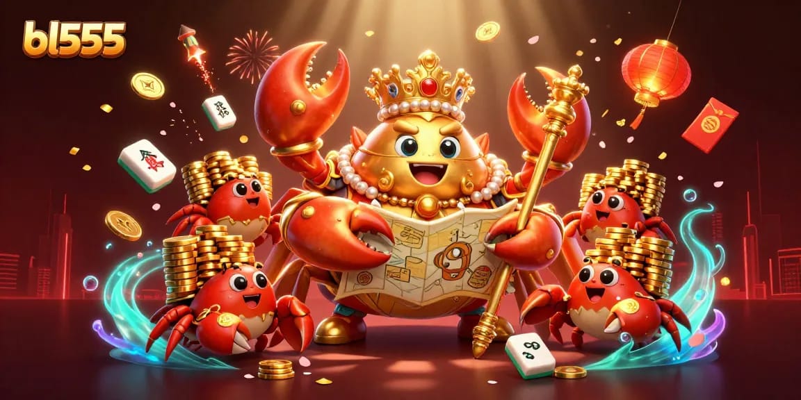 Experience thrilling games at bl555 featuring a golden crab emperor amidst vibrant casino elements.