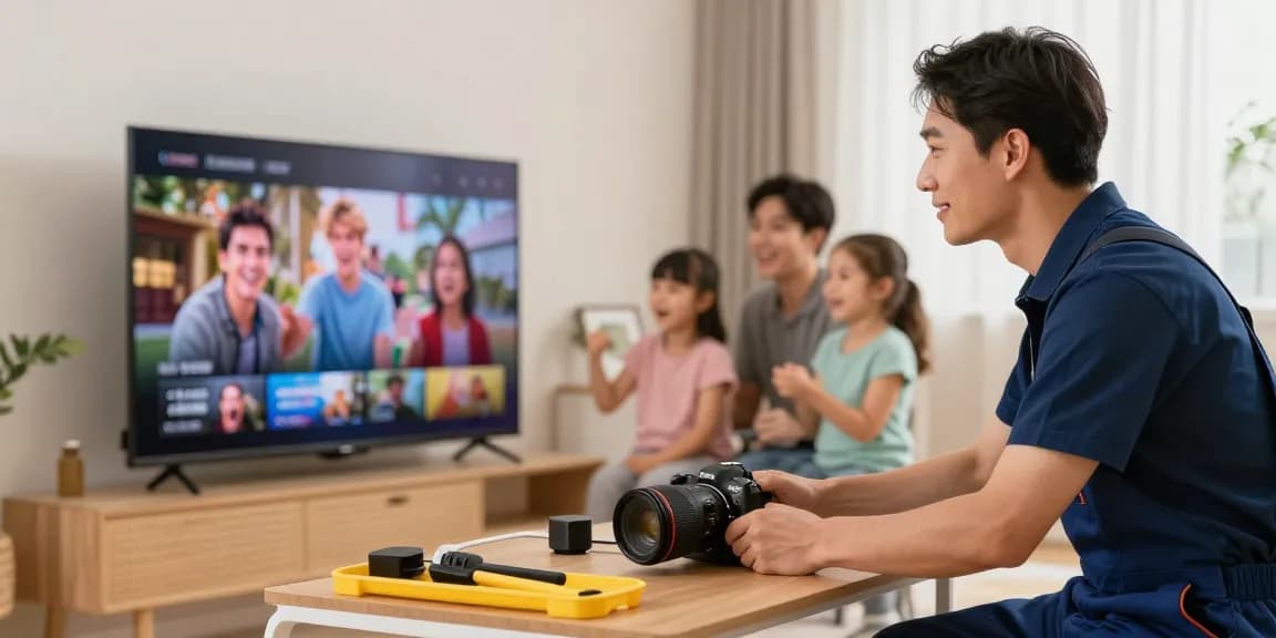 Local IPTV services setup by a trusted professional in a modern home, community service focus.