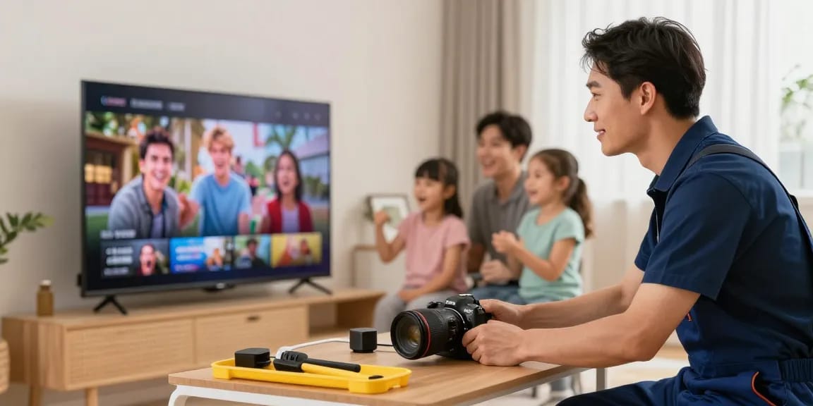 Local IPTV services setup by a trusted professional in a modern home, community service focus.