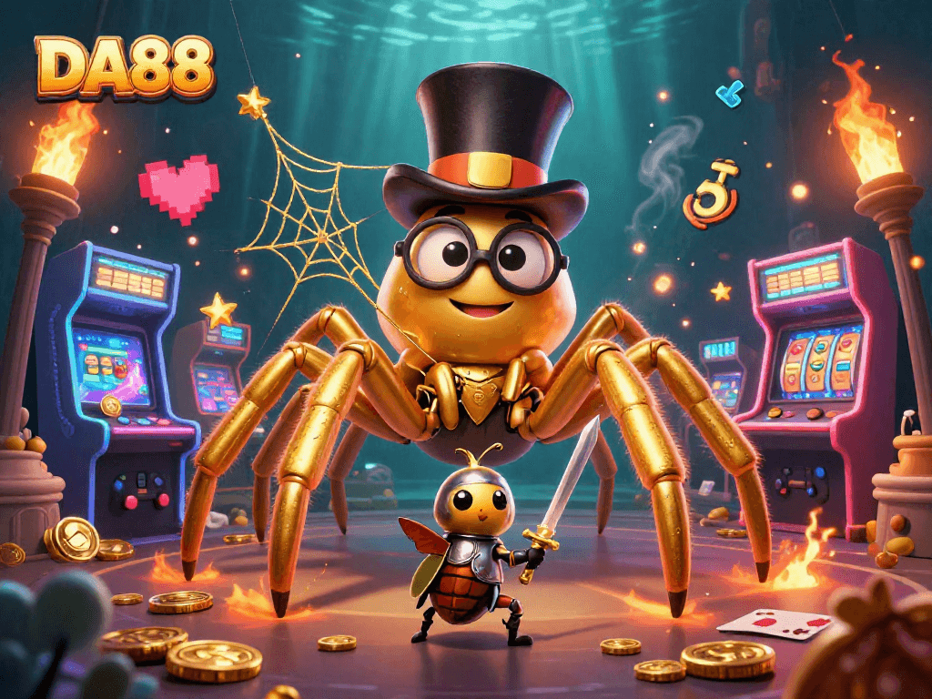 Experience thrilling gaming action in DA88 with a colorful casino scene featuring a giant tarantula and knight.