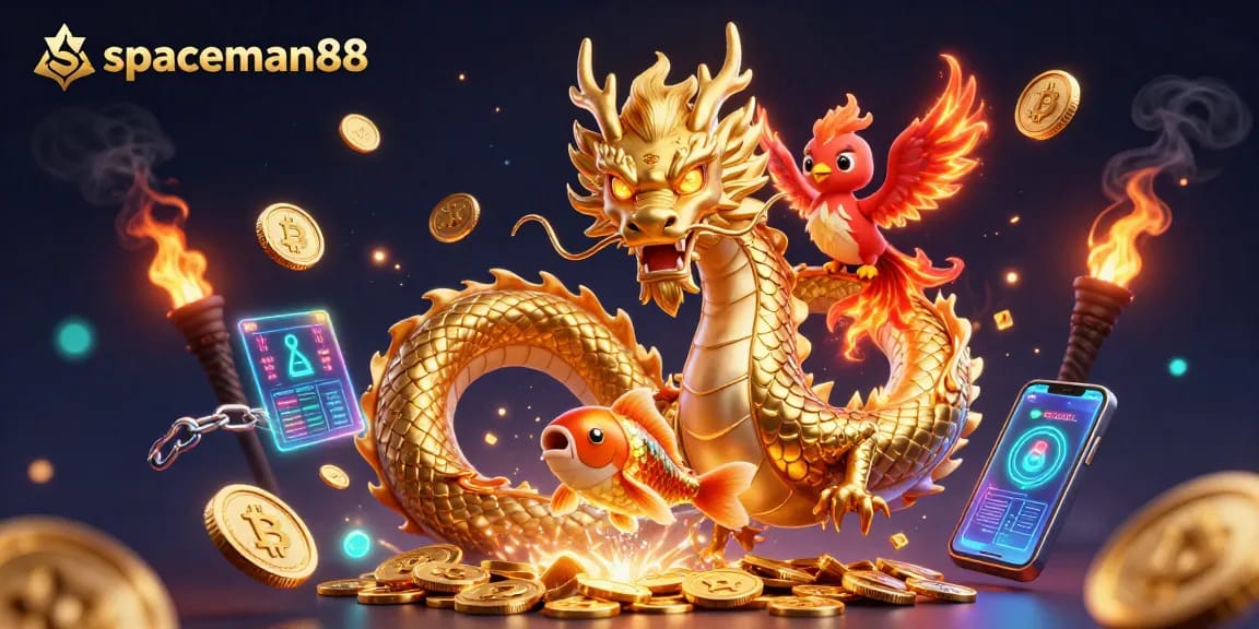 Win big with spaceman88 and experience thrilling slot action featuring vibrant golden dragon and phoenix.