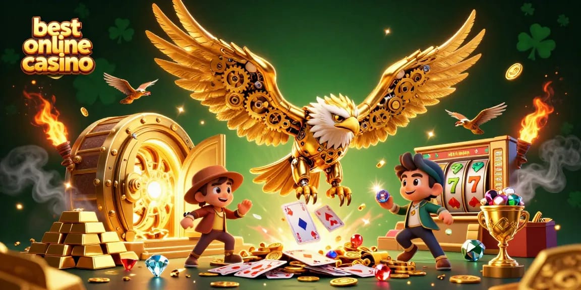 Engage with the best online casino through a vibrant 3D scene featuring a cybernetic golden eagle and dynamic playing cards.