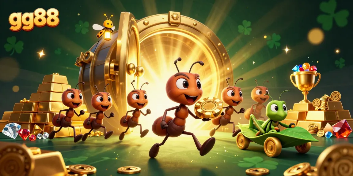 Experience exciting heists with gg88's vibrant 3D cartoon illustration of ants, a firefly, and a grasshopper.