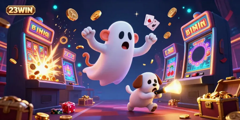 Experience thrilling jackpots with 23WIN in a vibrant haunted casino, featuring playful characters and dynamic gameplay.