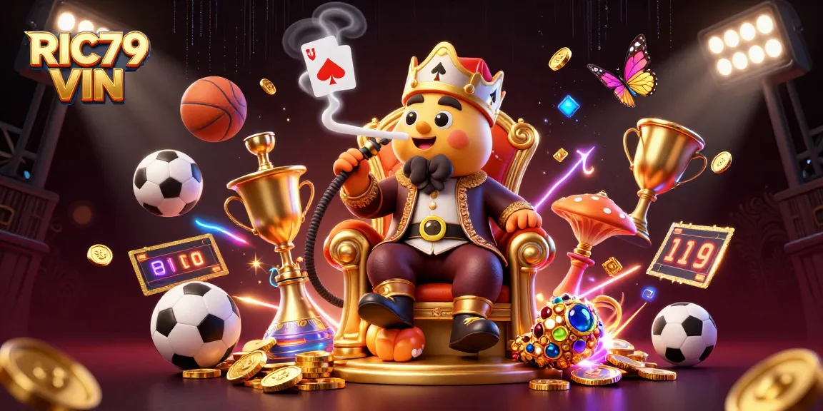 Enhance your gaming with RIC79 VIN in a vibrant 3D casino scene, showcasing a caterpillar hookah-master and dynamic sports elements.