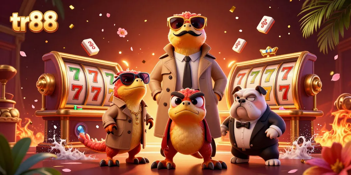 Engage in thrilling games at tr88 with raptors sneaking into a VIP casino lounge, showcasing vibrant slot reels and festive elements.