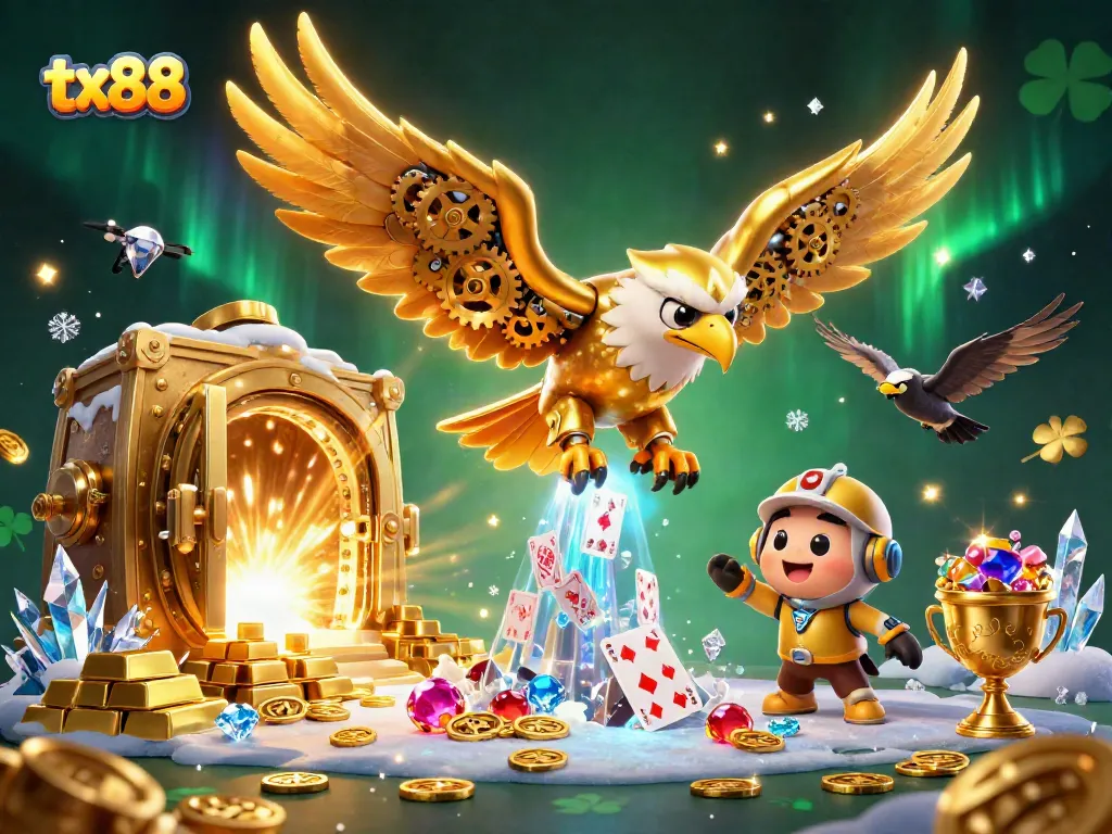 Experience excitement at tx88 with a cybernetic eagle soaring through holographic cards and treasure.