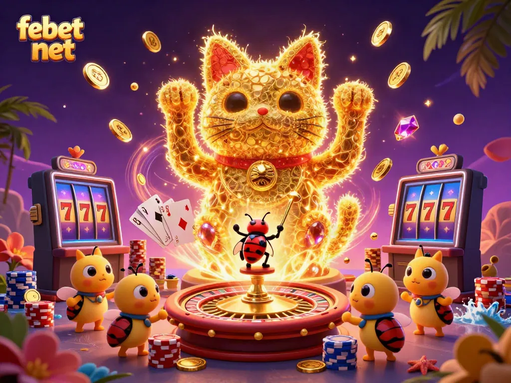 Experience thrilling moments at febet net with a dynamic display of casino excitement, featuring a lucky cat.