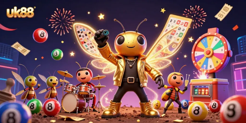 Experience the vibrant world of uk88 with a rock star cicada and lively casino elements.