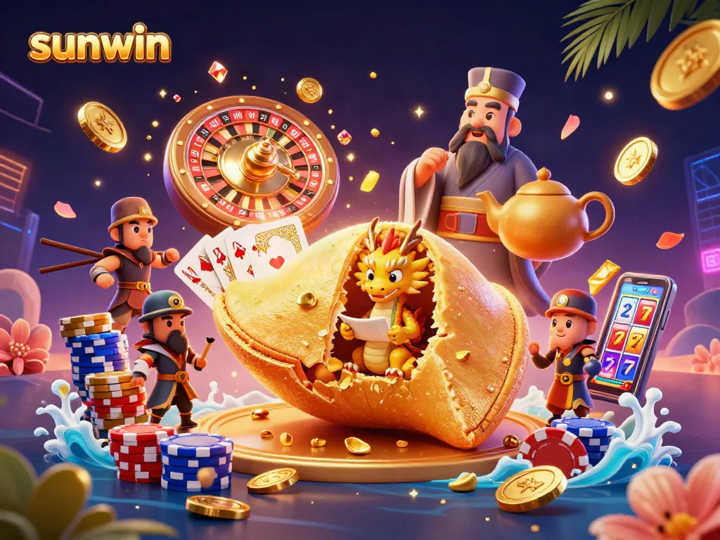 Experience the excitement of sunwin with a vibrant scene featuring fortune cookies, dragons, and dynamic casino elements.