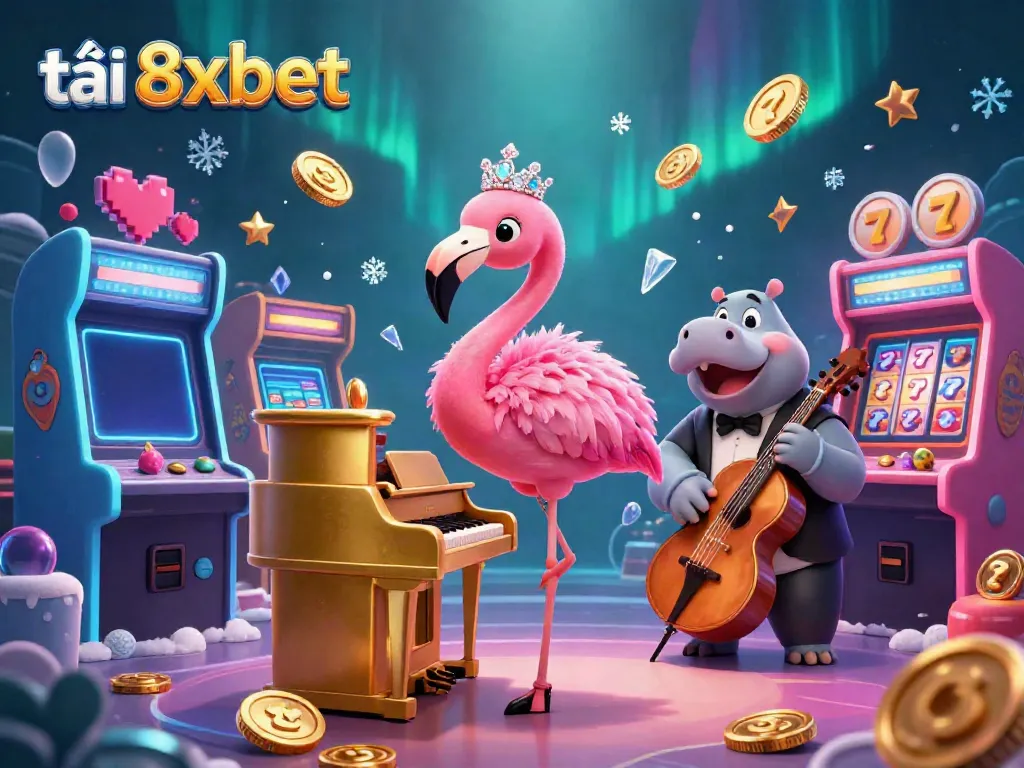 Experience the fun with tải 8xbet in this vibrant casino-themed 3D scene featuring lively characters and arcade elements.