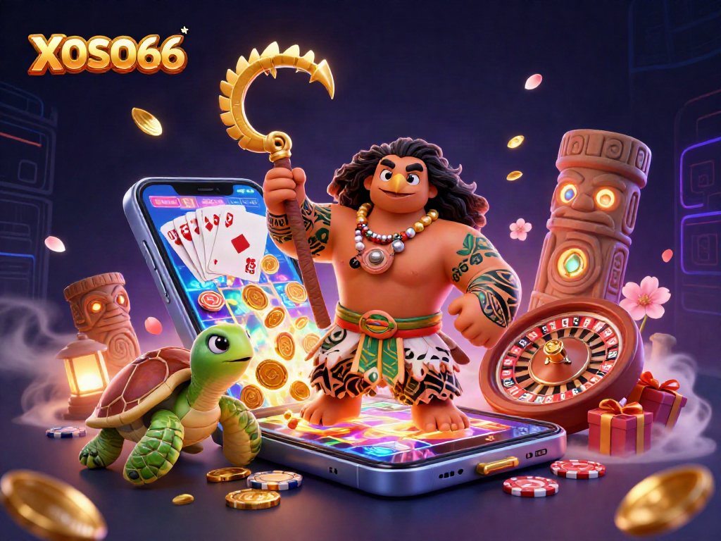 XOSO66 showcases an exciting scene of casino fun with vibrant characters and gaming elements.
