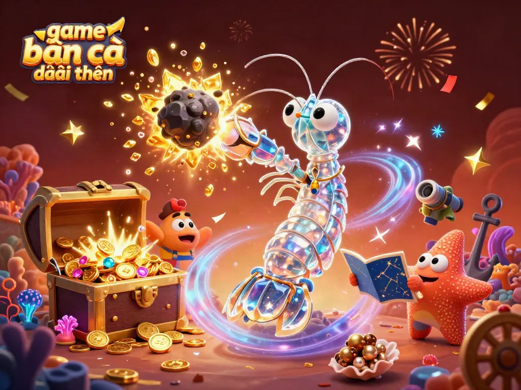 Catch the excitement of game bắn cá đổi thưởng as samurai shrimp battles asteroids amid treasure-filled underwater scenery.