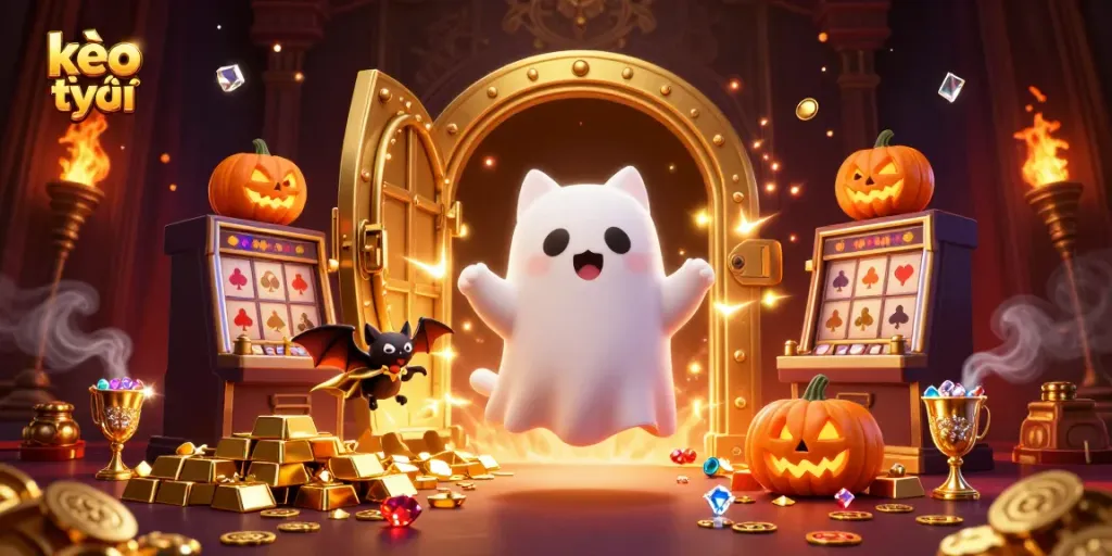 Engage in kèo trực tuyến excitement with a playful ghost cat and vampire bat amid casino treasures.