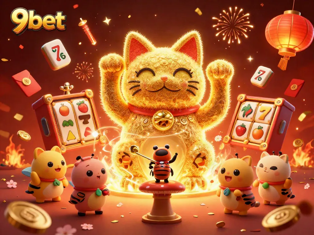 Experience the excitement of 9bet with a vibrant 3D illustration of a lucky cat in a bustling casino.