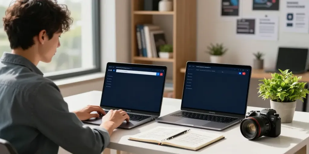 Buy domain name workspace scene with entrepreneur registering domains at modern desk