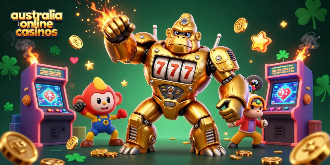 Exciting dynamic illustration of a golden gorilla mech, representing australia online casinos in a vibrant casino-themed scene.