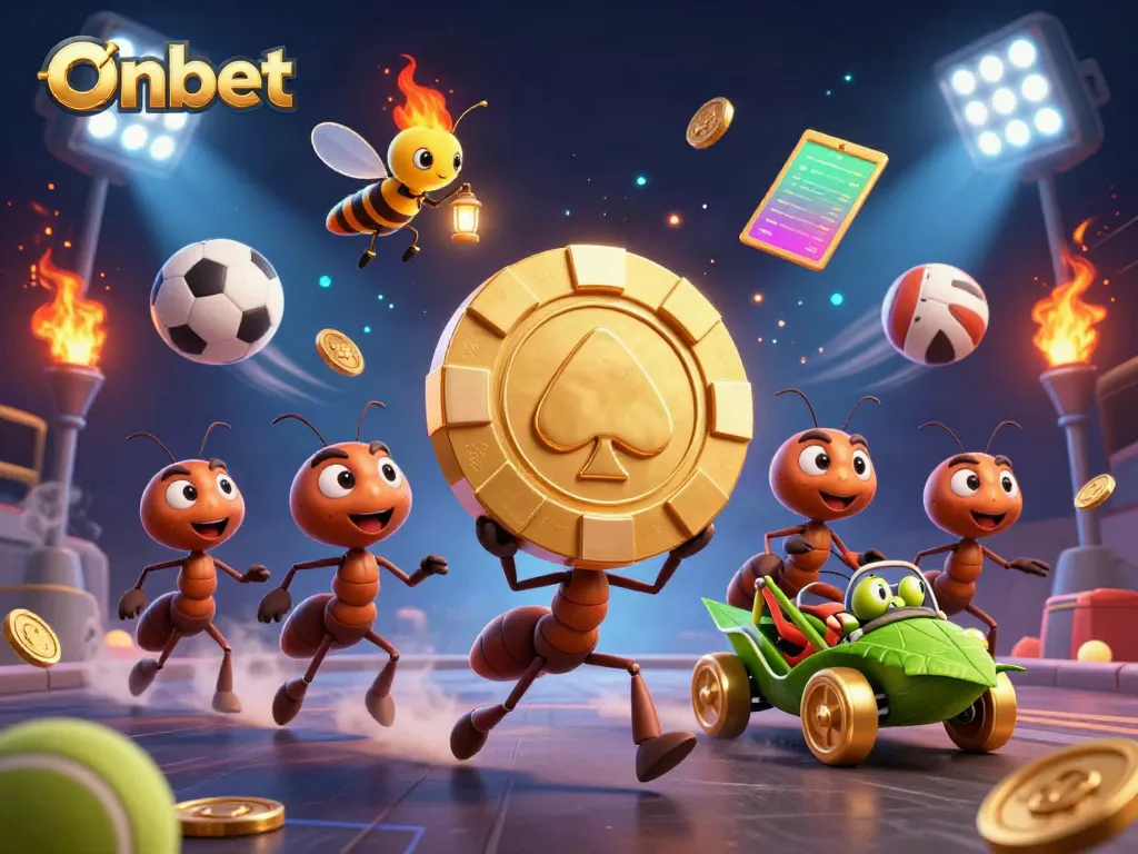 Onbet features a cartoon heist scene with ants, sports balls, and golden poker chips in a vibrant casino setting.