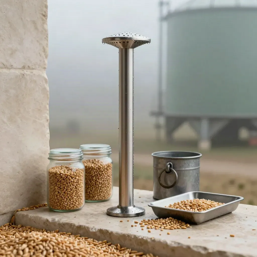 Stainless grain probe with wheat and barley jars beside a wet inspection tray at misty dawn.