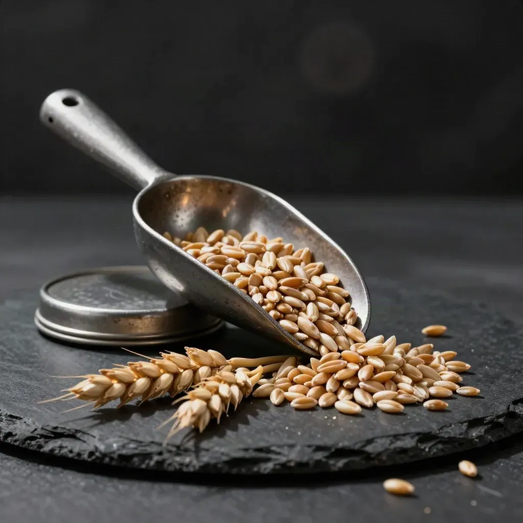 Worn grain scoop spilling barley kernels beside a tin and barley heads on slate.