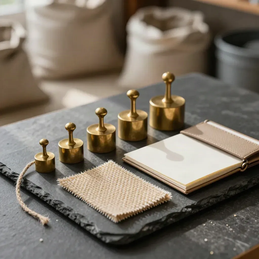 Brass calibration weights, grain sample wallets and twine on dark slate stone