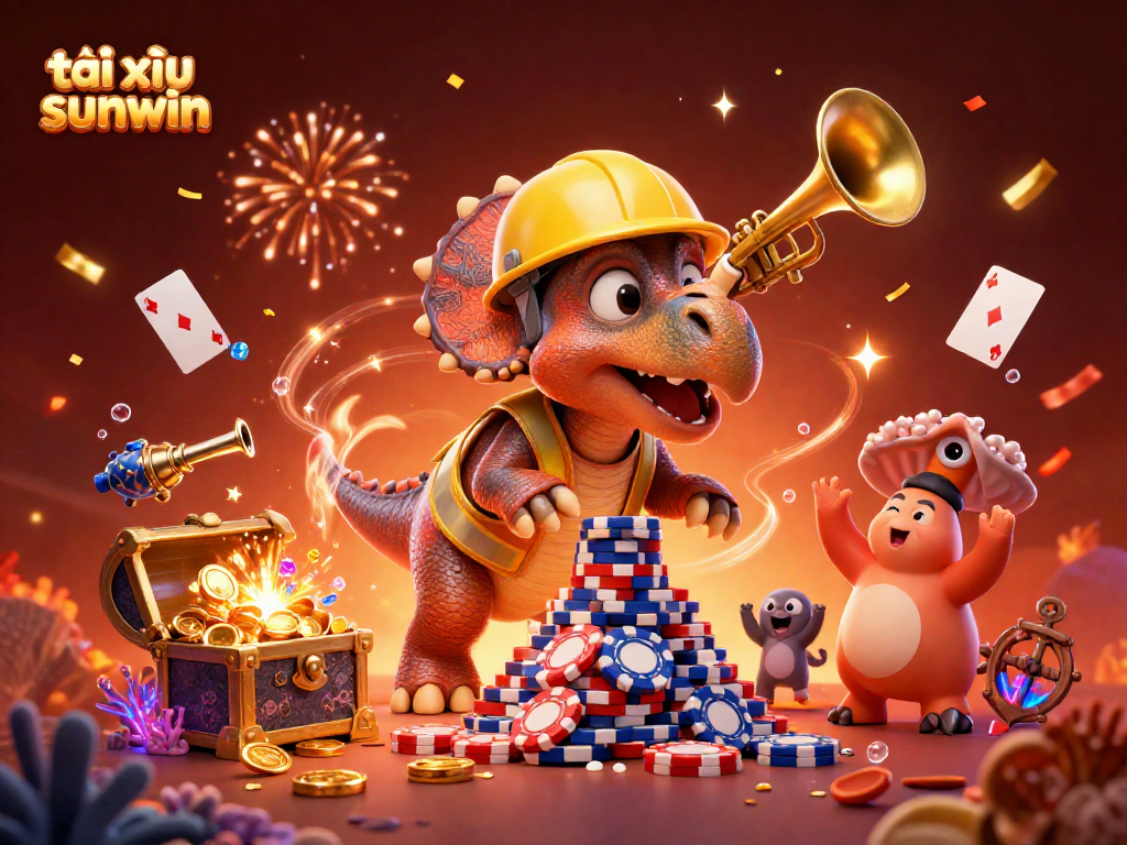 Experience excitement with tài xỉu sunwin as a triceratops builds poker chips in this vibrant casino scene.