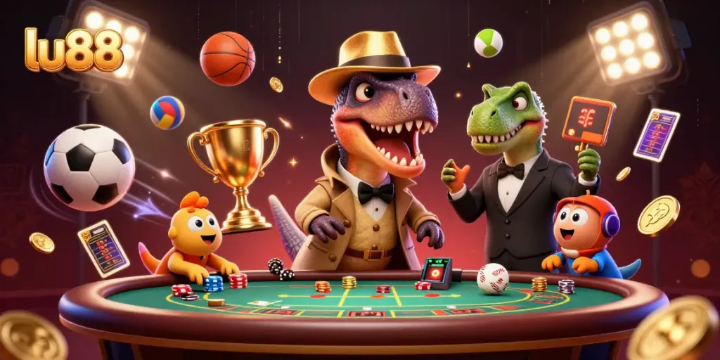 lu88 players enjoy a thrilling blackjack scene with animated characters in a vibrant casino atmosphere