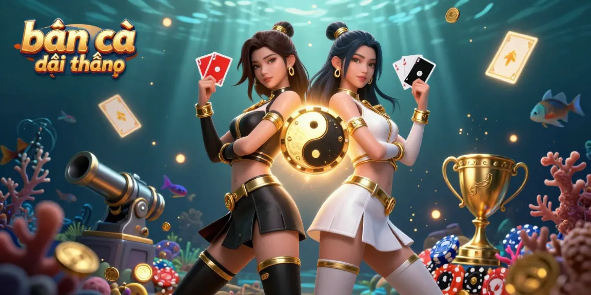 Bắn cá đổi thưởng scene with twin Asian women, dynamic fish elements, and a stylish gambling atmosphere.