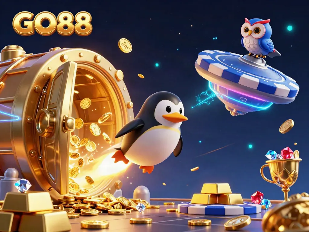 Experience the thrill of online gaming at GO88 with a vibrant casino scene featuring our golden penguin mascot.