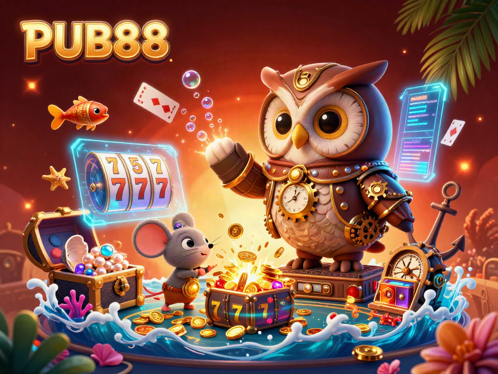Experience thrilling slot action with PUB88's vibrant 3D illustration featuring a time-traveler owl.