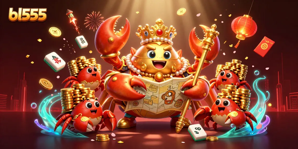 Experience thrilling games at bl555 featuring a golden crab emperor amidst vibrant casino elements.