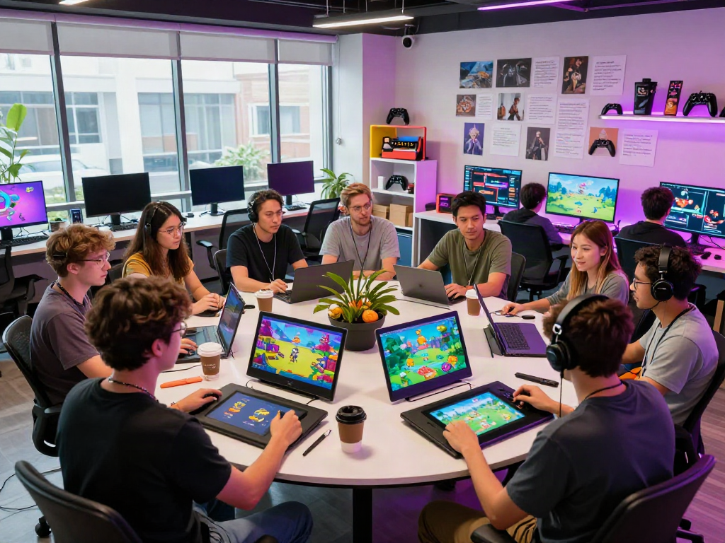 Creative team collaborating on an adult game development project in a vibrant studio.