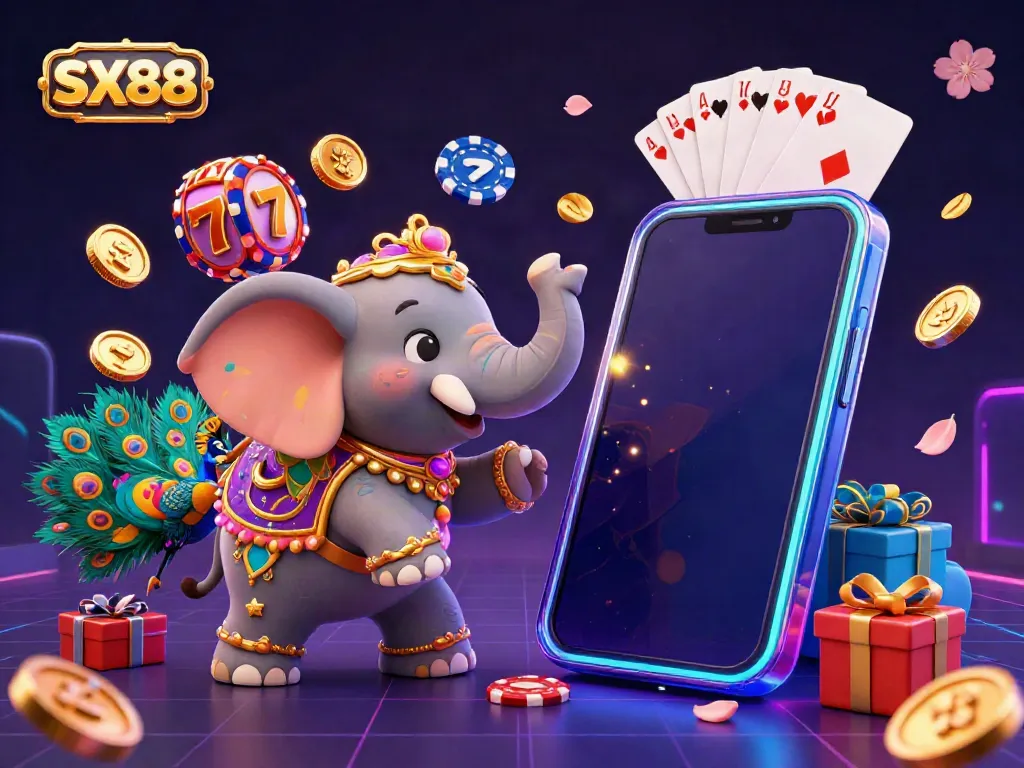 SX88 captures the excitement of gambling with vibrant slot games, an elephant, and a peacock in an engaging illustration.